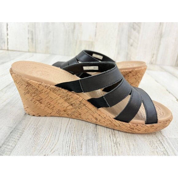 Crocs A Leigh Wedge Sandals Womens 9 Strappy Slip On Comfort Shoes Cork Heel - Picture 7 of 12